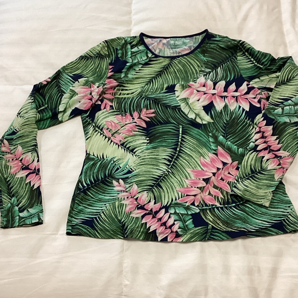 Lands' End Green and Pink Leaf Print  Swim Top